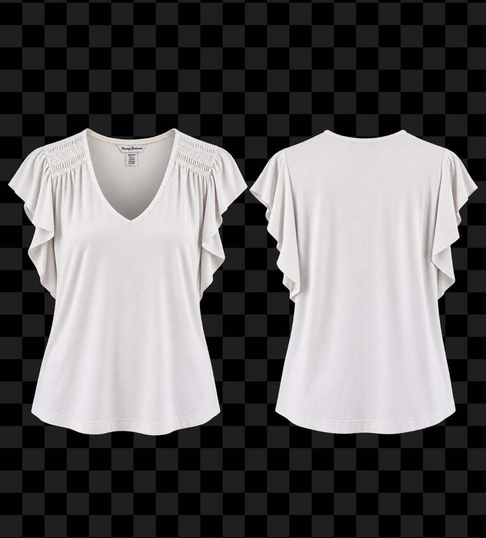 Tommy Bahama Smocked Shoulder V-Neck Flutter Sleeve Top White